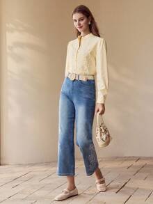 MOTF PREMIUM CONTRAST GUIPURE LACE BUTTON UP BLOUSE - Yellow - View 5