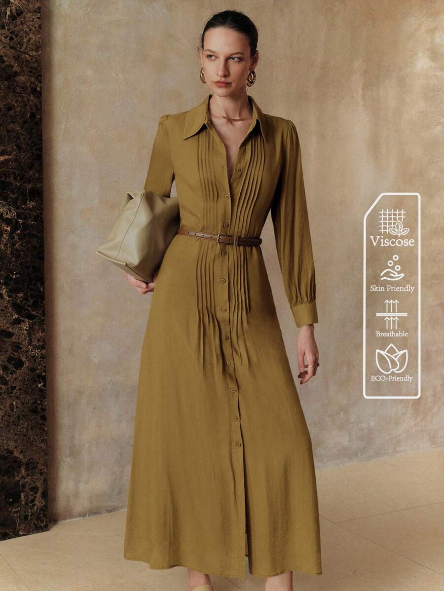 Arave Đầm suông Tencel trơn màu cổ bẻ cài nút trang trí tay dài thắt eo thắt nơ thoải mái thoáng khí, thích hợp mặc hàng ngày, đi nghỉ, hẹn hò, đi làm, mua sắm vào mùa hè và mùa thu - Màu xanh Ô liu - Xem 1