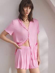 Ocili Soft Ribbed Contrast Color Ruffle Collar Short Sleeve & Shorts Pajama Set For Women - Pink - View 2