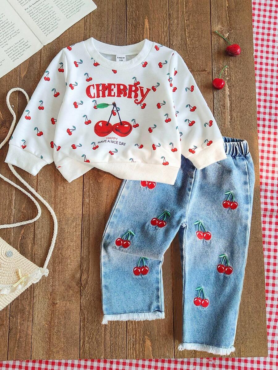 SHEIN Vintaside Kids Baby Girls' Spring/Autumn Outfit "Cherry Sweetheart" Set: Cream English Slogan Sweatshirt + Retro Blue Jeans, Cherry Print Top & Embroidered Pants, Dopamine Energetic Casual Daily Wear, Sweet & Cool Style Fall Winter,Christmas Outfit - Multicolor - View 1