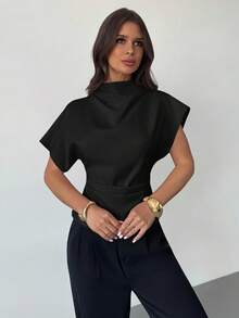 Firerie Crinkle Collar Asymmetrical Sleeve Side Ruched Cinched Waist Commuter Apricot Bamboo Fiber Fabric Women Shirt, All Season - Black - View 3