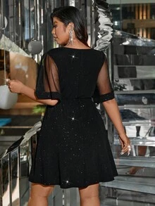 Femmeverse Plus Size Summer Elegant V-Neck Mesh Contrast Dress, Suitable For Gathering - Black - View 2