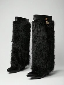 SHUZIA Sexy Women's Fashionable Black Folded Moto Boot Fluffy Faux Fur Vegan Leather Hidden Wedge Point Toe Holiday Vacay For Christmas - Black - View 3