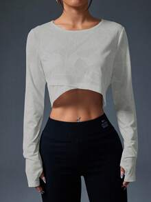 Easithlete Lässiges einfarbiges langärmeliges Sport-Crop-Top, Damen Langarm Crop Top, Gym Crop Top, Langarm Gym Top, Workout Crop Top