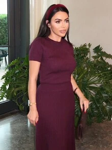 Durrani Popal 2pcs Women Solid Color Scoop Neck Short Sleeve Top And Elegant Knit Skirt Set 2 Pieces Set - Purple - View 3