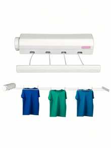 SHEIN 1pc Space Saving Retractable Clothesline With 4/5 Ropes, Wall Mounted Durable Plastic Drying Rack With Towel Bar And Hooks, Portable Clothes Drying Rack - White - View 11