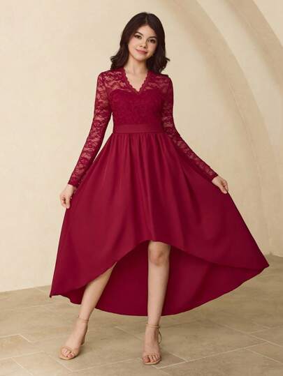 少女 V 领长袖拼布腰部荷叶边下摆优雅派对连衣裙，适合万圣节、圣诞节