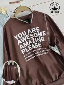 SHEIN Women's Dropped Shoulder Casual Front & Back Slogan Loose Sweatshirt Pullover Fall - Coffee Brown - View 2