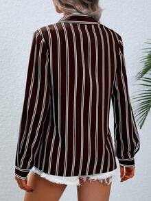 EMERY ROSE Camisa de manga larga con botones y rayas para mujer, adecuada para ir al trabajo en otoño - Café integral - Ver 2