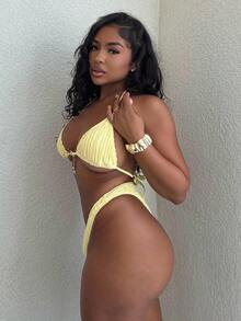 Alexandranx Bộ bikini họa tiết màu trơn trong kỳ nghỉ bãi biển mùa hè dành cho nữ - Màu vàng - Xem 6