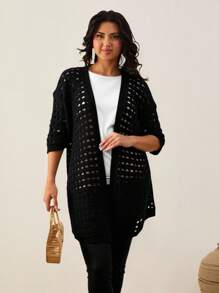 EURMUSE Drop Shoulder Open Knit Duster Cardigan - Black - View 4
