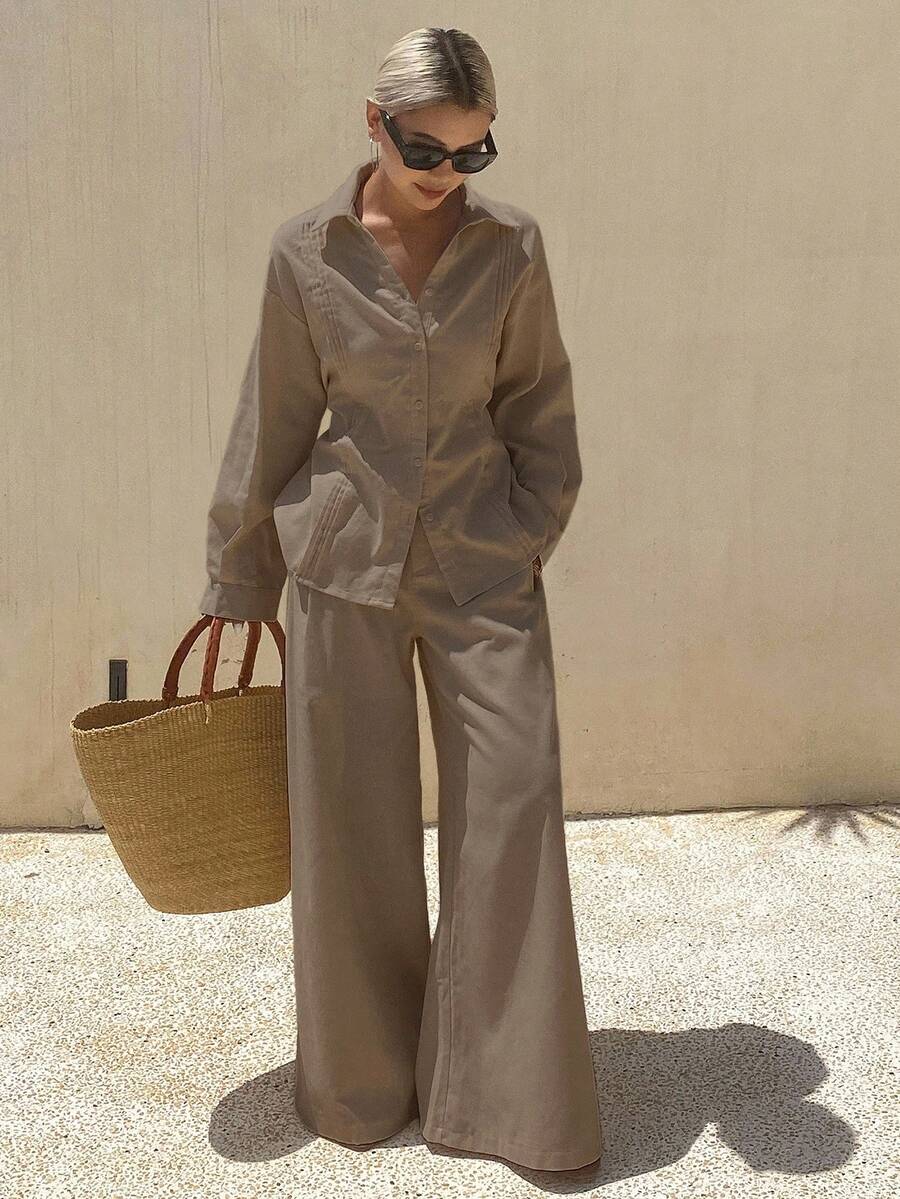 Livesso Women's Summer Solid Color Pleated Shirt And Wide Leg Pants Casual Suit