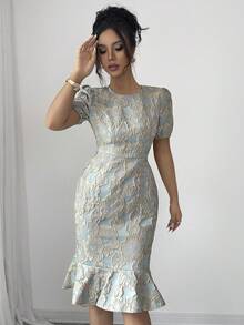 SHEIN PETITE Round Neck Short Sleeve Waist Cinched Textured Jacquard Embroidered Pea Green Elegant Precision Bodycon Ruffle Hem Commuter Versatile Dress - Green - View 6