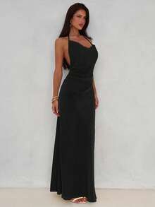 Aloruh Đầm dài hở lưng đính hạt trang trí cổ khoét sâu gợi cảm và thanh lịch dành cho nữ, màu vàng nhạt - màu đen - Xem 4