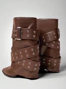 SHUZIA Women Buckle Decor Sexy Point Toe Chunky Heel Chic Mid-Calf Boots - Chocolate Brown - View 7