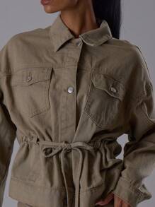 MUSERA 束腰系带前袋细节翻领牛仔夹克，优雅夜生活性感可爱酷女孩街头风，适合冬季派对、春夏穿着。 - 軍綠色 - 查看 2
