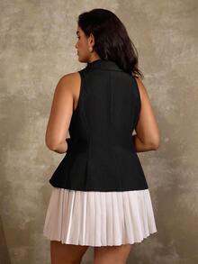 Flirla Blazer de mujer talla grande con cuello de solapa, sin mangas, de unicolor, con abertura frontal, decoración de diamantes falsos y cintura acampanada