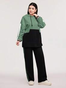 Veilorie 拼色口袋前连帽衫和撞色侧缝裤套装，女士深秋休闲抽绳、口袋、侧条纹长袖常规版型多色落肩运动衫裤女式两件套服装，日常休闲装