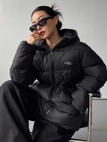 DAZY 休闲字母印花连帽宽松女士棉服外套冬季夹克 - 黑色 - 查看 3