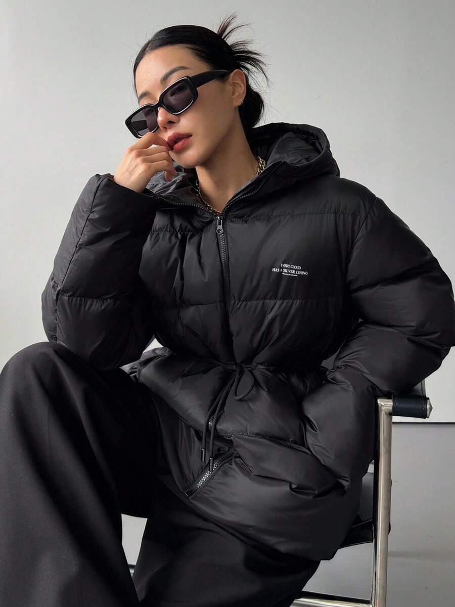 Livesso 休闲字母印花连帽宽松女士棉服外套冬季夹克 - 黑色 - 查看 1