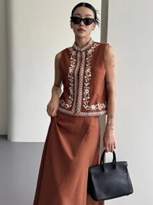 DAZY 女士夏季休闲刺绣领无袖上衣和半裙两件套家居服套装，女士短款套装 - 亮橙色 - 查看 6