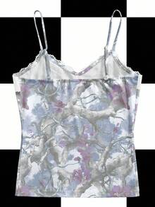 BiGraphic Y2K Lace Trim Floral Print Camisole Top, Streetwear Party Evening Wear Lace Tank Floral Tank Flower Top Lacy Top - White - View 2