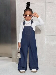 SHEIN 年轻女孩休闲日常深蓝色口袋牛仔背带裤 - 深色水洗藍 - 查看 4