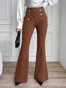EURMUSE Women's Solid Color High Waist Double-Breasted Flare Leg Pants - Brown - View 3