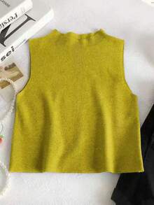 INAWLY Women's Solid Color Round Neck Casual Versatile Knitted Vest, Autumn - Olive Green - View 3