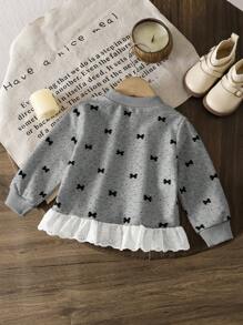 SHEIN 女婴时尚刺绣荷叶边下摆波尔卡圆点蝴蝶结印花卫衣 - 灰色 - 查看 2