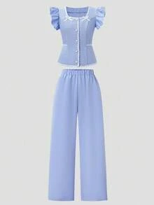 2pcs/Set Teen Girl Ruffle Trim Cap Sleeve Crop Top With Bow Decor And Loose Pants - Multicolor - View 5