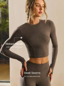 GLOWMODE FeatherFit™ 柔软弹力罗纹接缝分体设计长袖 T 恤低冲击瑜伽普拉提工作室日常休闲装可拆卸罩杯 - 棕色 - 查看 5