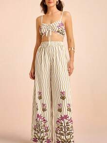 CAJUNI Damen Urlaubs Boho Aprikot Basis Grün Wellenstreifen Blume Muster Crop Camisole und bedruckte Weite Bein Hose 2-teiliges Set, 2-teiliges Set für Damen, Zweiteiler für Damen, Zweiteiler Frau, Urlaubs Zweiteiler, elegantes Zweiteiler-Set für Damen