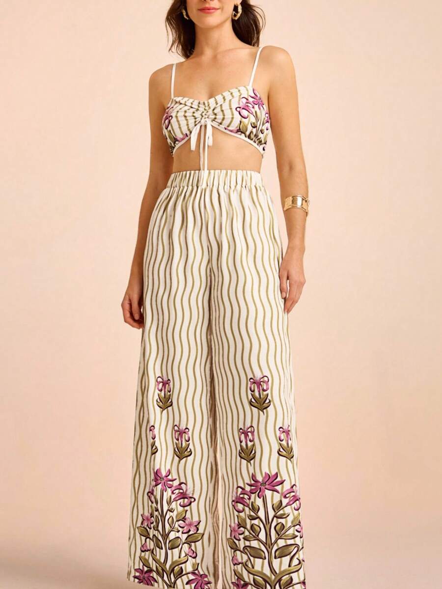 CAJUNI Damen Urlaubs Boho Aprikot Basis Grün Wellenstreifen Blume Muster Crop Camisole und bedruckte Weite Bein Hose 2-teiliges Set, 2-teiliges Set für Damen, Zweiteiler für Damen, Zweiteiler Frau, Urlaubs Zweiteiler, elegantes Zweiteiler-Set für Damen