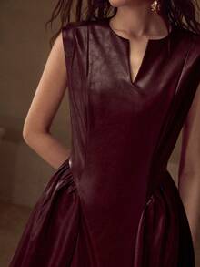 MOTF PREMIUM PU LEATHER NOTCH NECK FLARE HEM SLEEVELESS MIDI DRESS - Burgundy - View 5