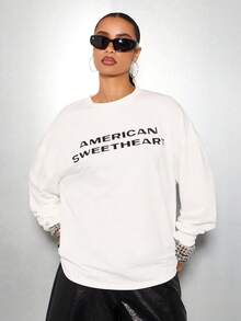 SUMWON WOMEN Áo thun tay dài oversize họa tiết in chữ Boyfriend Fit chất liệu cotton thoải mái mùa đông thu dạo phố thời trang cơ bản - trắng - Xem 4