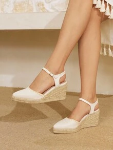 Styleloop Giày vải canvas quai ngang mắt cá chân đơn giản cho nữ, dây chun khi đi nghỉ, khóa kéo phía sau, da giả mũi tròn, khóa kim loại rỗng, đế dày dệt màu đen, dép xăng đan đế xuồng cho kỳ nghỉ - Màu be - Xem 4