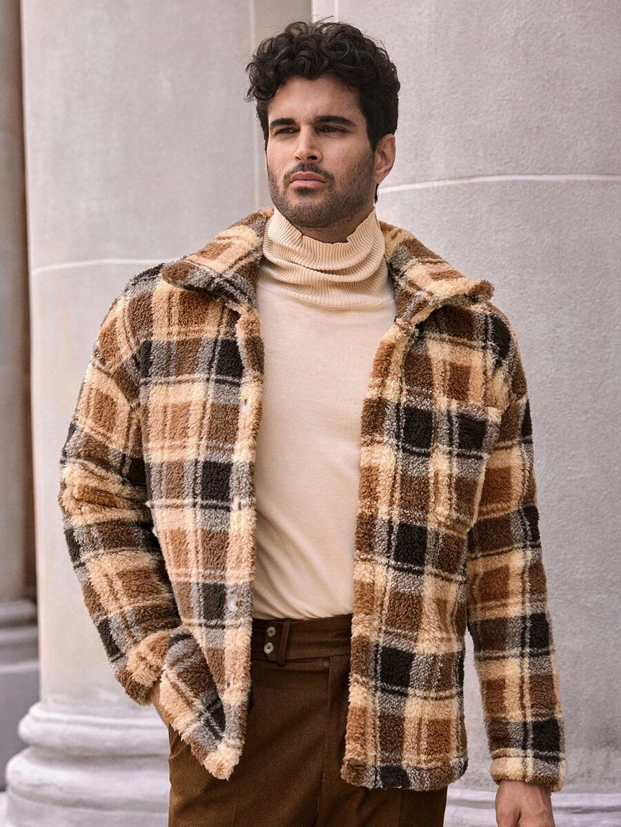 Manfinity NXTstreet 男士休闲格子羊毛夹克，适合日常穿着，秋冬男士 Shacket 格子夹克男士法兰绒男士秋季系列 Earthy Clothes 男士 - 彩色 - 查看 1