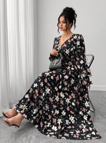 Elenzga 大码花卉印花荷叶边下摆长裙，女士休闲日常连衣裙，适合教师，春夏秋季，松紧腰长袖复古浪漫通勤简约连衣裙 - 彩色 - 查看 6