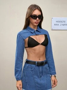 SHEIN EZwear Top de ganga feminino de cor lisa, abotoamento simples, sexy, moderno, super curto, de manga comprida - Azul - Ver 3