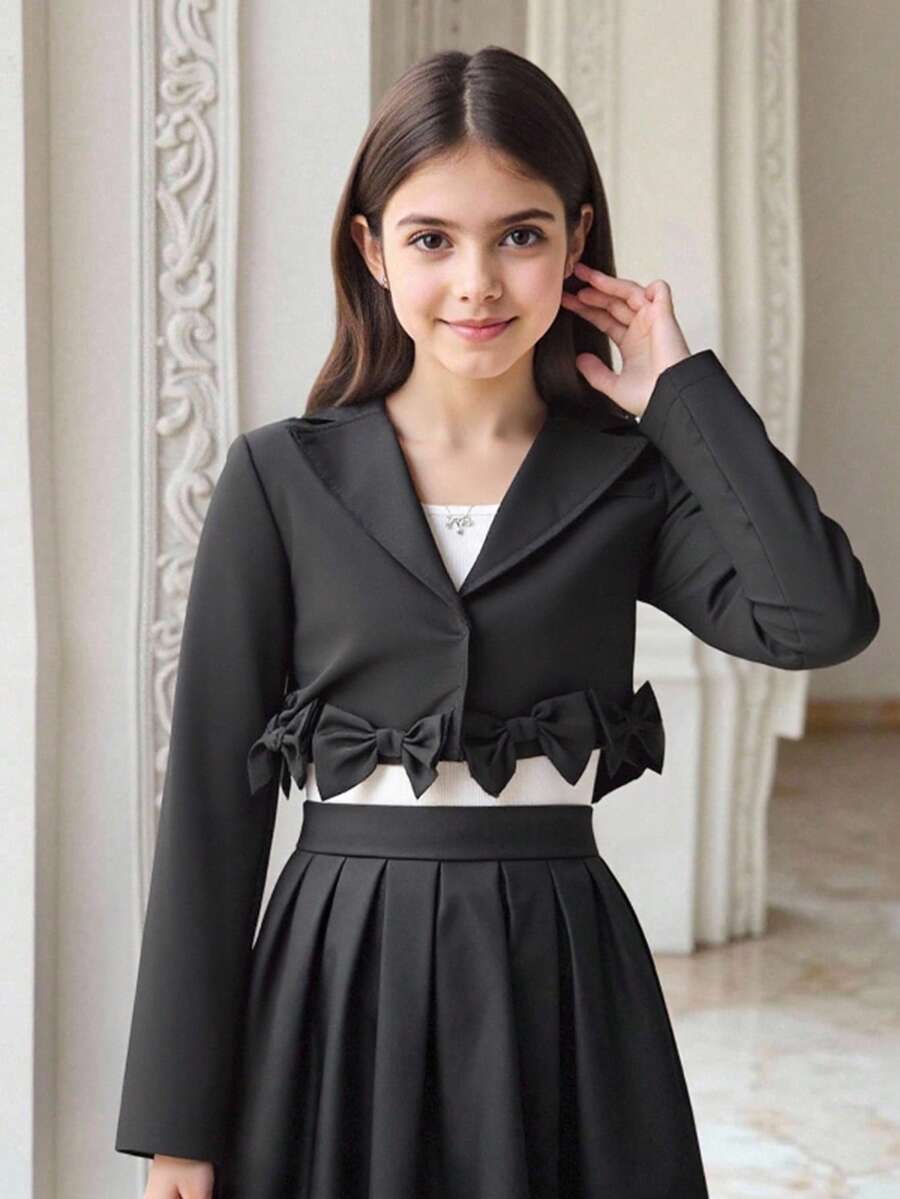 Áo khoác dài tay cài nơ cho bé gái tuổi teen, phù hợp cho mùa thu/đông - màu đen - Xem 1