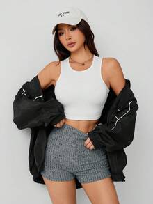 SHEIN PETITE Summer Marled Knit Biker Shorts - Grey - View 3