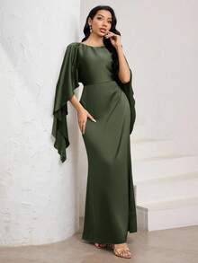 Veilorie Women's Elegant Mocha Brown Round Neck Cape Sleeve, Fish Tail Hem, Satin Finish Long Dress - Army Green - View 5
