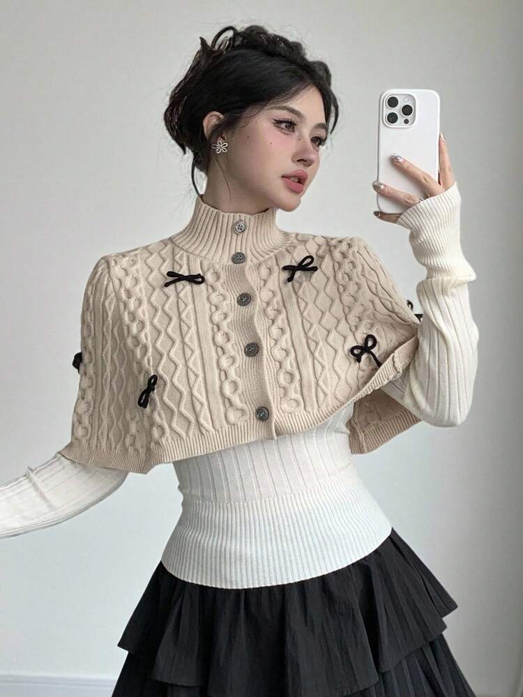 Women's Autumn/Winter Floral & Plaid Pattern Bow Decor Turtleneck Cover Up Style Knit Cover Up