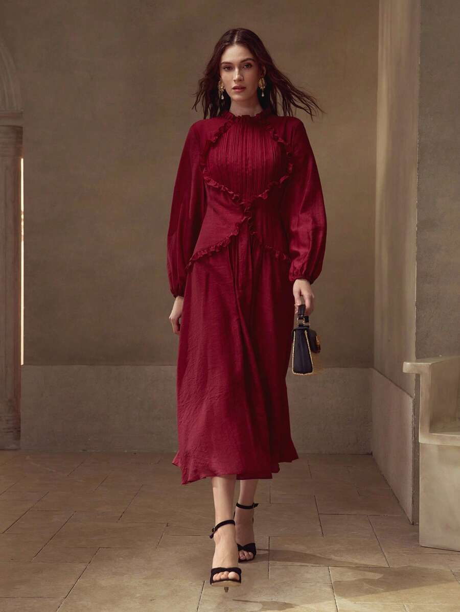 MOTF PREMIUM FRILL TRIM LANTERN SLEEVE DRESS - Red - View 2