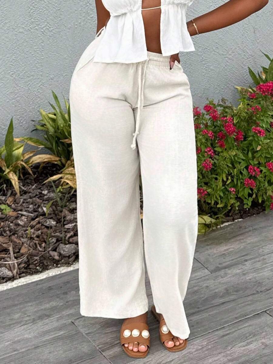 Alexandranx Women's Beige Wide Leg Pants With Drawstring Waist And Pockets Petite In Woman Clothing Women Pants