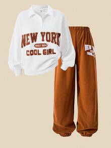 SHEIN Explorewe Conjunto Casuvi Kid Teen Girls de 2 peças: Camisa polo de manga comprida com bordado gráfico em inglês, estilo esportivo casual, polo de manga comprida em tecido canelado liso + calça de veludo cotelê com cordão, estilo retrô americano para outono/inverno. - Branco - Visão 4