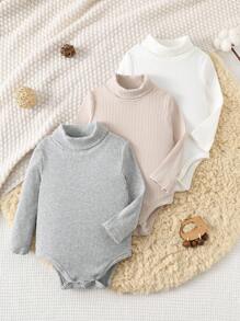SHEIN 3件組新生兒男嬰/女嬰幼兒白色秋季端莊家庭套裝 加厚抓絨素色高領長袖上衣與冬季長褲套裝 - 彩色 - 查看 3