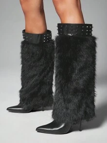 SHUZIA Giày bốt cao đến đầu gối mũi nhọn đế mỏng thời trang mùa đông ấm áp thoải mái cho nữ - màu đen - Xem 2