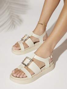 SHUZIA Women Rhinestone Decoration, New Outdoor, Comfortable And Versatile Flat Sandals - White - View 1